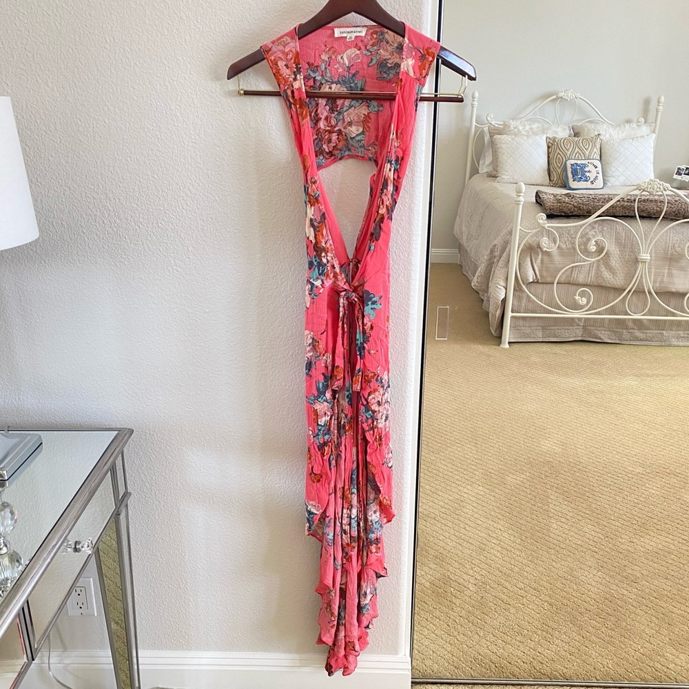 Women's Coral Boho Floral Wrap Maxi Duster Size Medium